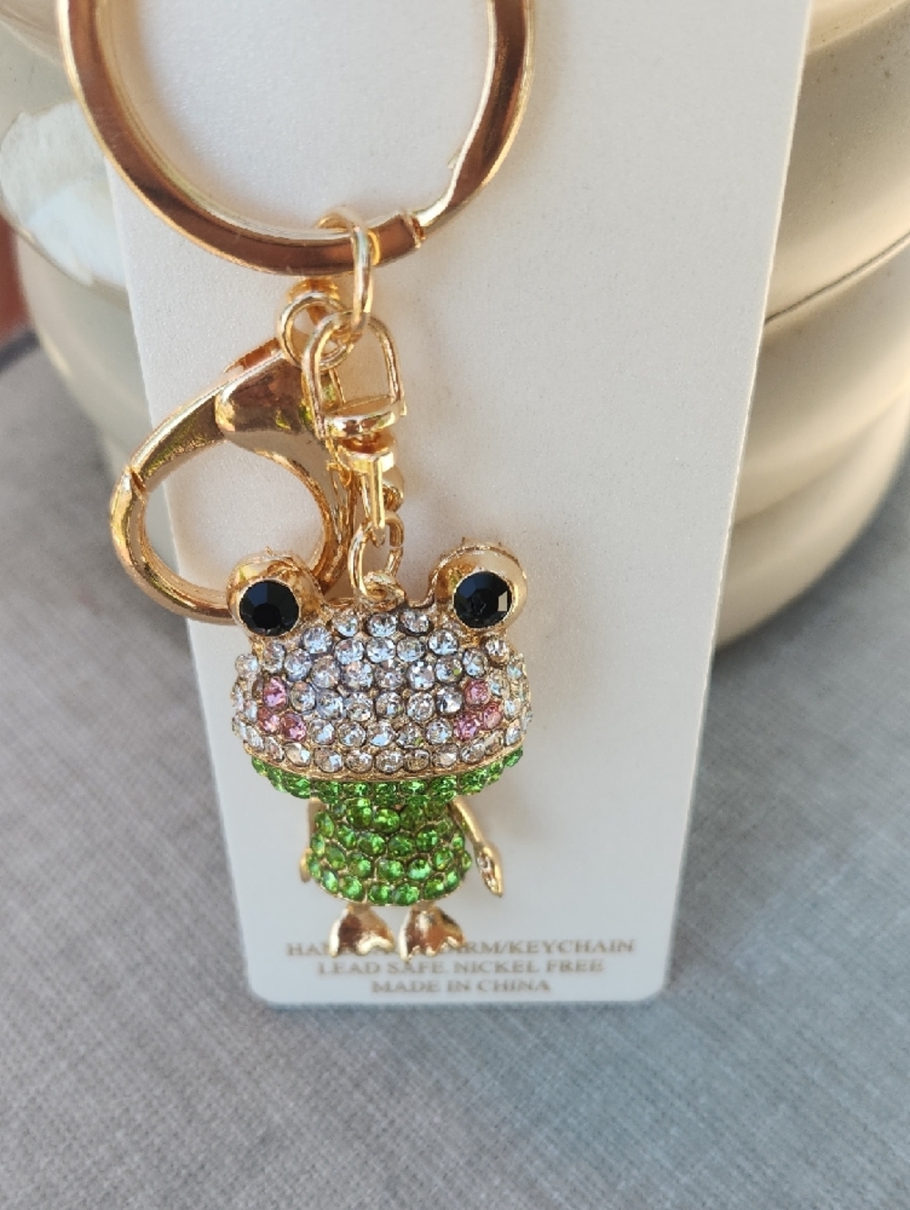 Natasha Gold Frog Keychain/Bag Charm w Green, White, Pink & Black Crystals NWT - Picture 3 of 7